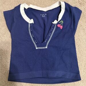 FP Movement by Free People Navy Ribbed Crop Top with Cherry Appliqué